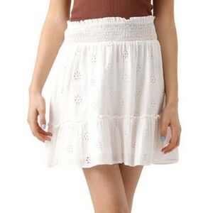 NWT Vero Moda White Embroidered Linen Blend Mini Skirt Smocked Waist S